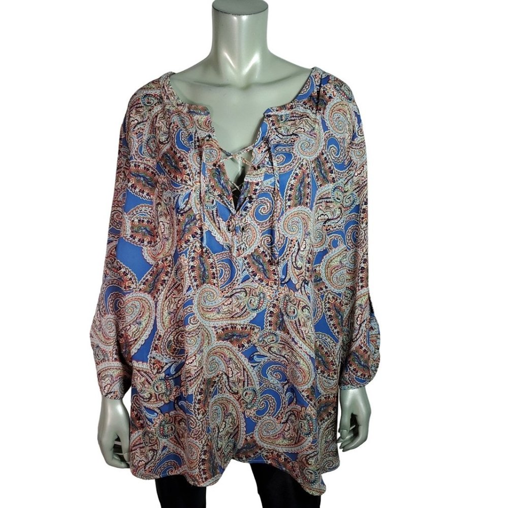 Faded Glory Top Plus Size 3X 22/24W Paisley Lace‎ Up Tab Sleeve Lightweight Blue